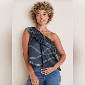 NWOT One Shoulder Ruffle Top Size Small In Navy Yacht Rope Color